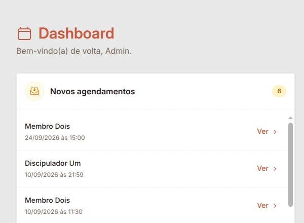 Painel do DiscipleCal com o resumo de novos agendamentos.